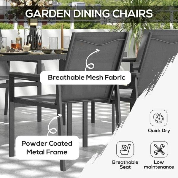 Seven-Piece Metal Dining Set with Glass-Top Table and Texteline Chairs - Grey