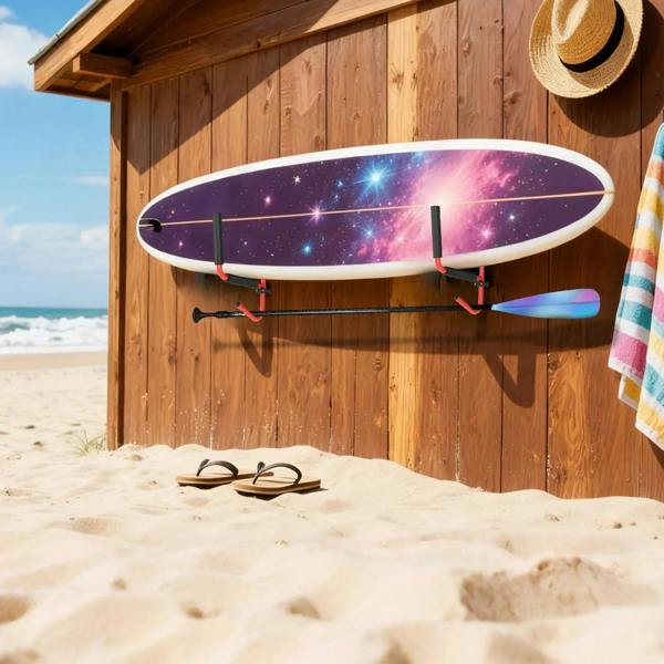 Red wall-mounted kayak storage rack with black padded holders mounted on a wooden fence