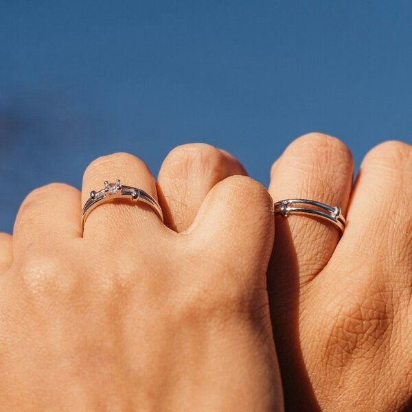 The Colourful Aura Adjustable Silver his and hers Zircon Promise Striped Ring set