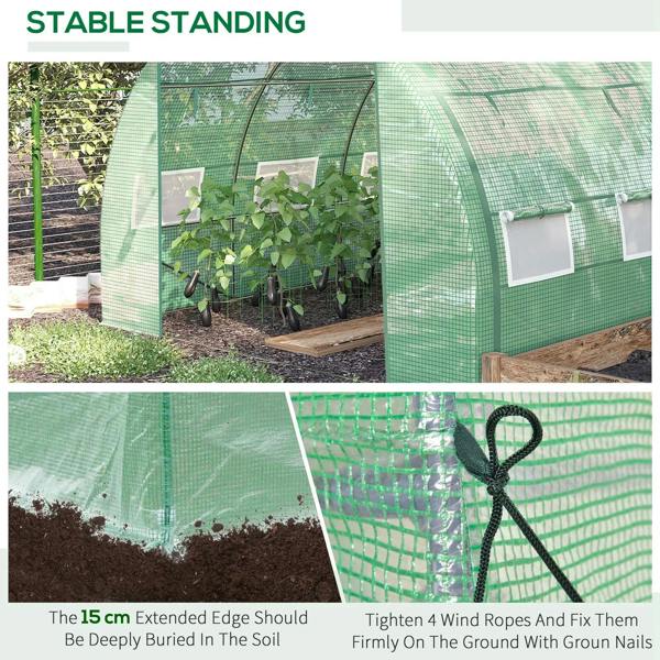 Green greenhouse tent with reinforced ropes and secured PE cover, standing on ground
