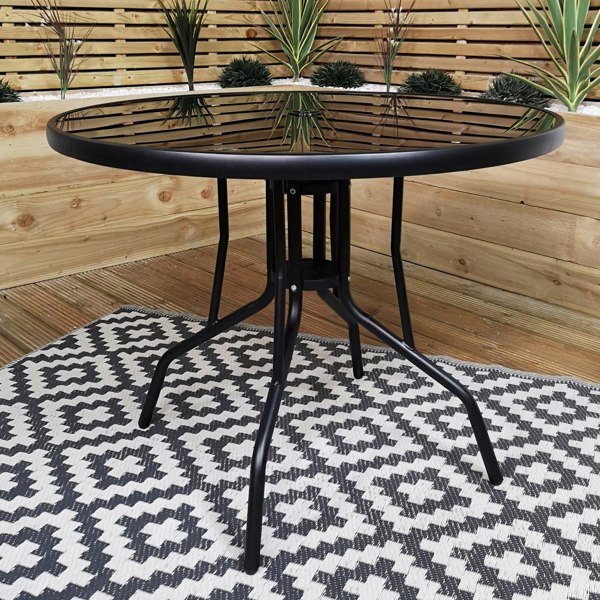 Samuel Alexander Outdoor 2 Person Round Glass Top Garden Patio Dining Table Chairs Black Parasol and Base Set