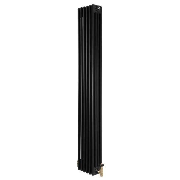 Traditional black 4 column radiator with a sleek vertical design, measuring 1800 x 290mm, featuring brass valves for stylish heating solutions
