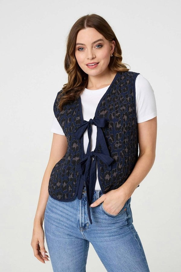 Navy | Animal Print Sleeveless Tie front Vest
