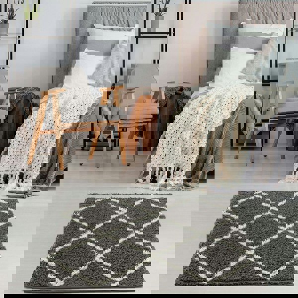 Diamond Design Thick Shaggy Area Rugs Dark Grey