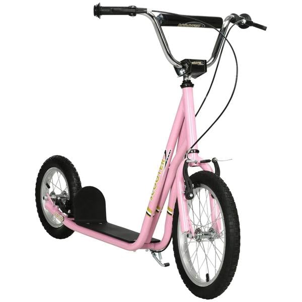 Pink kids kick scooter with front wheel, black fender, and adjustable handlebar