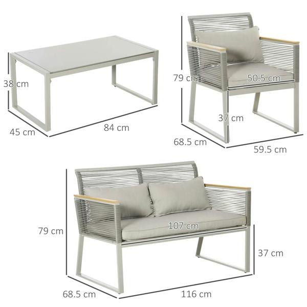 Grey rattan patio set with sofa, armchairs, and square coffee table with size measurements