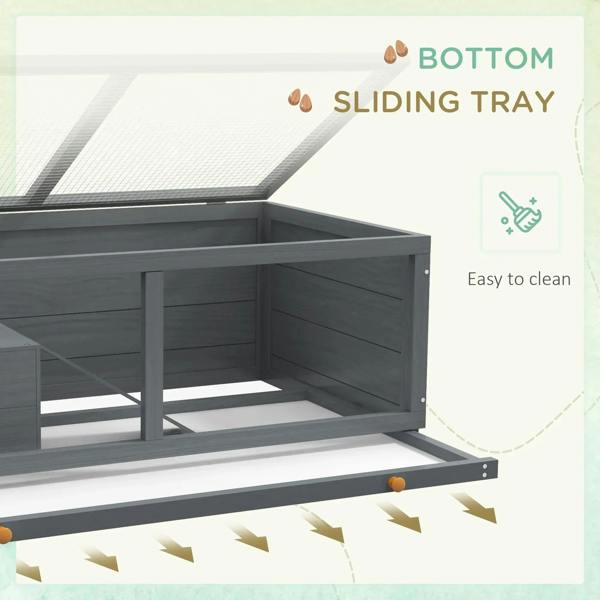 Grey wooden hamster cage bottom with sliding tray for easy cleaning