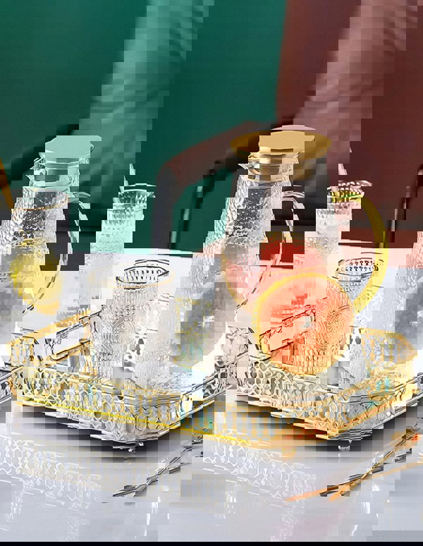 ANYHOUZ 35cm Gold Rectangle Glass Mirror Base Metal Vanity Food Serving Organisr Jewelry Cosmetics Storage Tray with Handle