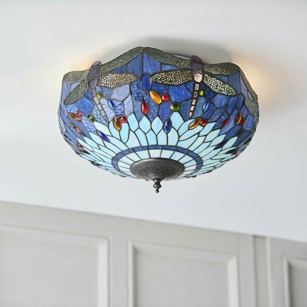 Tiffany Glass Semi Flush Ceiling Light Blue Dragonfly Inverted Shade i00044 Loops