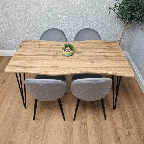 Kosy Koala Rustic Wood-Effect Wavy Dining Table Set with 4 Grey Velvet Chairs, 140X80x75cm