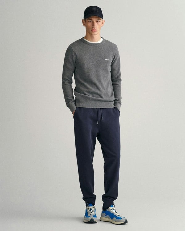 GANT Mens Cotton Pique Crew Neck Jumper - 92 Dark Grey Melange