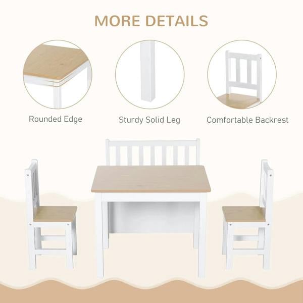 Kids chairs and table with rounded edges, solid white legs, and beige wood seat tops