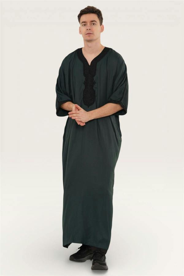 Infinity Leather Men's Moroccan Thobe Jubba Robe Djellaba Arab Short Sleeve Embroidery Gandoura
