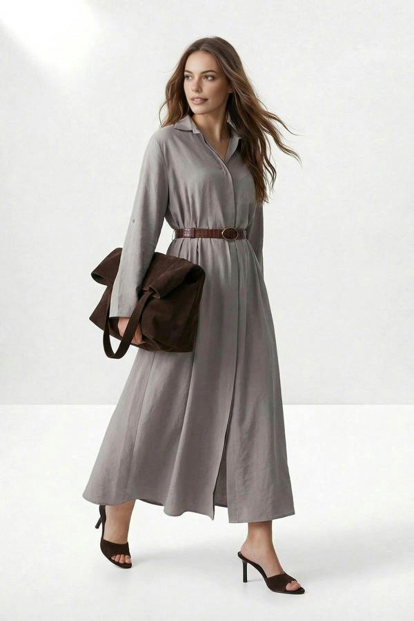 WOVCOR Leather Belted Midi Woven Dress