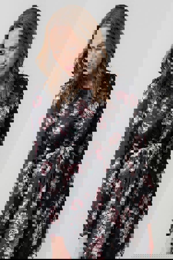 Lily & Me Celia Floral Print Satin Midi Dress Black