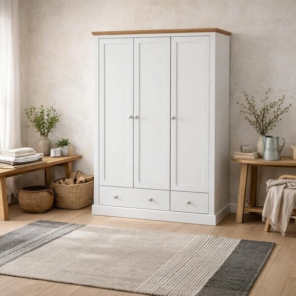 Wyld Haus Ardee White and Natural Oak Wood Sliding Wardrobe 3 Drawers 3 Doors