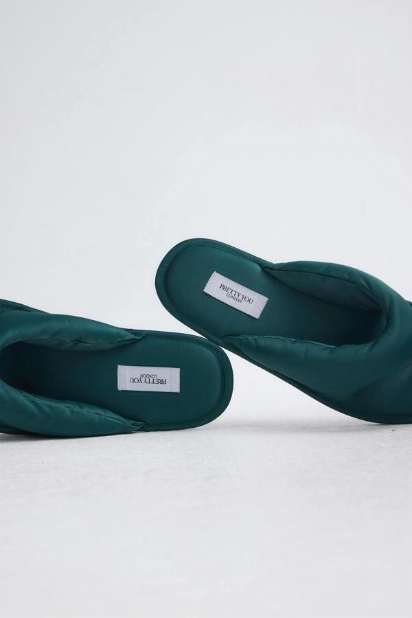 Pretty You London Satin Thong Sandal In Dark Sea Green