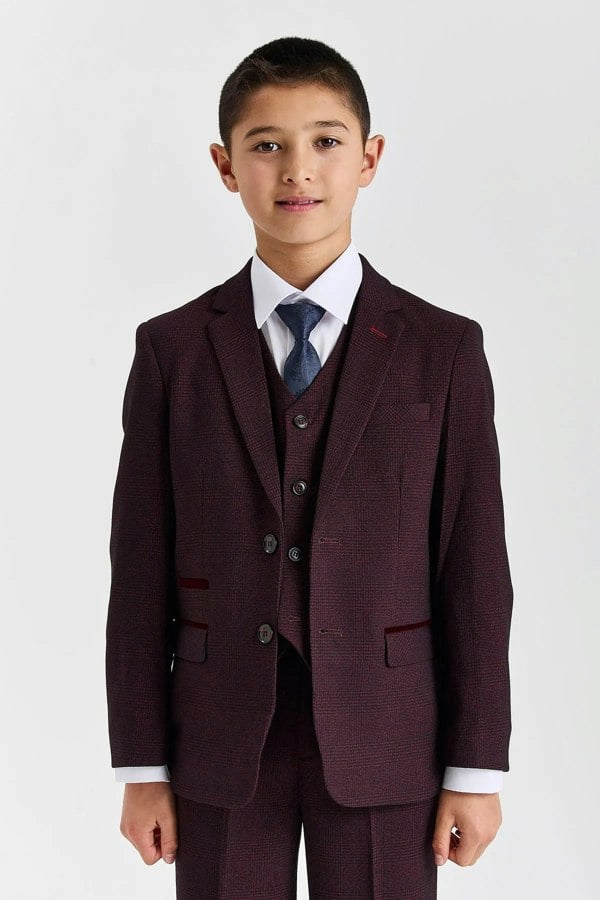 Paul Andrew Regent - Boys Burgundy 3 Piece Prince Of Wales Checked Suit