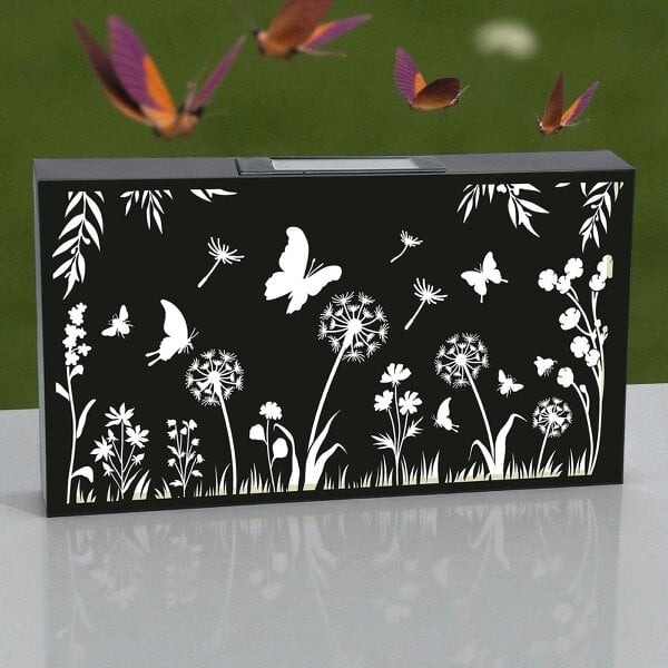 EDH Door Hardware Landscape Solar Wall Panel with Butterfly Outdoor Metal Wall Art with Warm LED Light Weatherproof Garden & Patio Décor