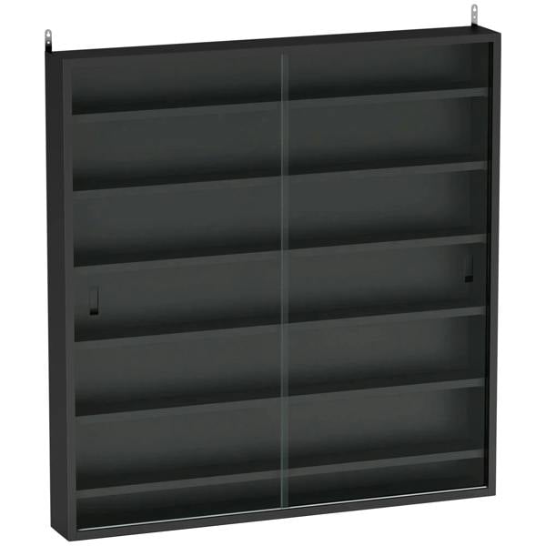Black glass-door display cabinet with six shelves and a centered vertical door handle