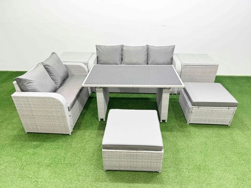 Fimous Garden Furniture Set PE Ratten Garden Sofa Set with Rectangular Dining Table 2 Big Stool 2 Side Tables Light Grey