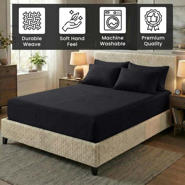 Smart Living Super Soft Microfiber Plain Dye Warm Cosy Bed Linen 32cm Fitted Sheet - Black