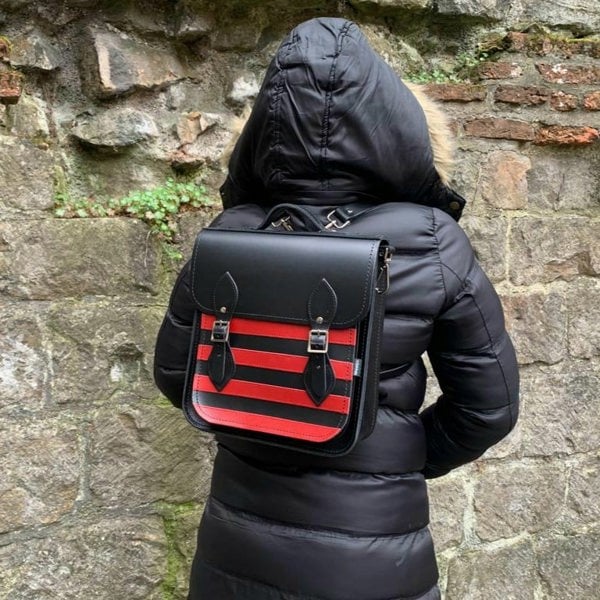 Zatchels Handmade Leather City Backpack - Gothic Striped Red & Black