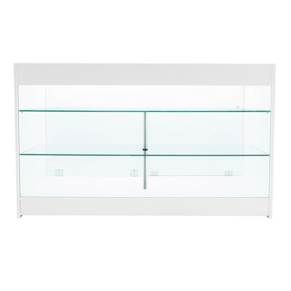 White Aries LED shop counter set featuring a sleek design, glass shelves, and modern lighting for an elegant display