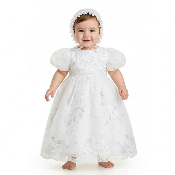 Cinda Lace Christening Gown Party Dress and Bonnet