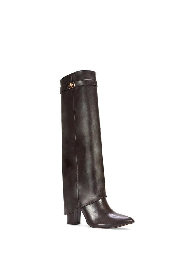 XY LONDON Block Heel Knee High Foldover Boots With Pointed Toe