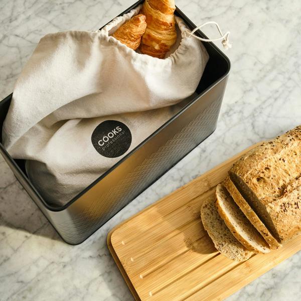 Cooks Professional Embossed Bread Bin, Linen Bag and Bamboo Board Set | Black