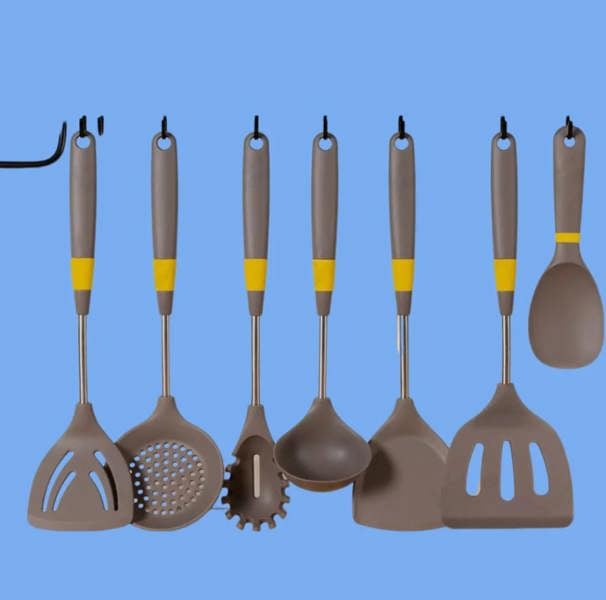 Anygleam 7-Piece Cooking Utensil Set (Grey) – Heat-resistant tools with rice spatula and storage, safe and ideal for nonstick cookware use.