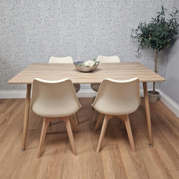 KOSY KOALA 4 Seater Modern Dining Table 140cm with Wood Effect Metal Leg and 4 Cream Chairs for Kitchen & Dining Room Furniture Set
