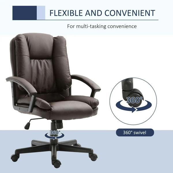 Brown mid-back office chair with swivel base for 360 movement and rolling caster wheels