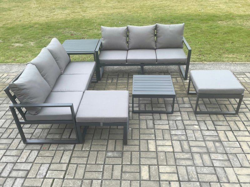 Fimous 8-Seater Dark Grey Aluminium Outdoor Sofa Set | 6 Pieces, Square Coffee Table, Side Table, 2 Large Footstools