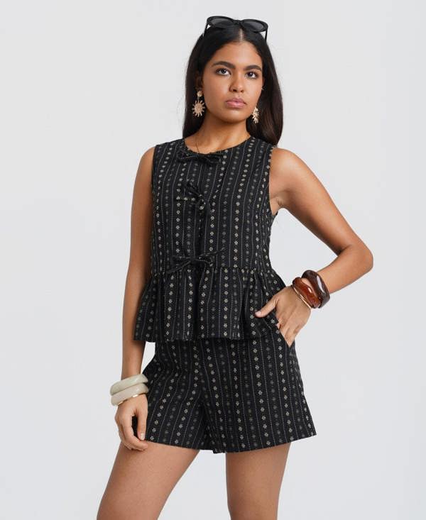Black Floral Tie Front Peplum Top