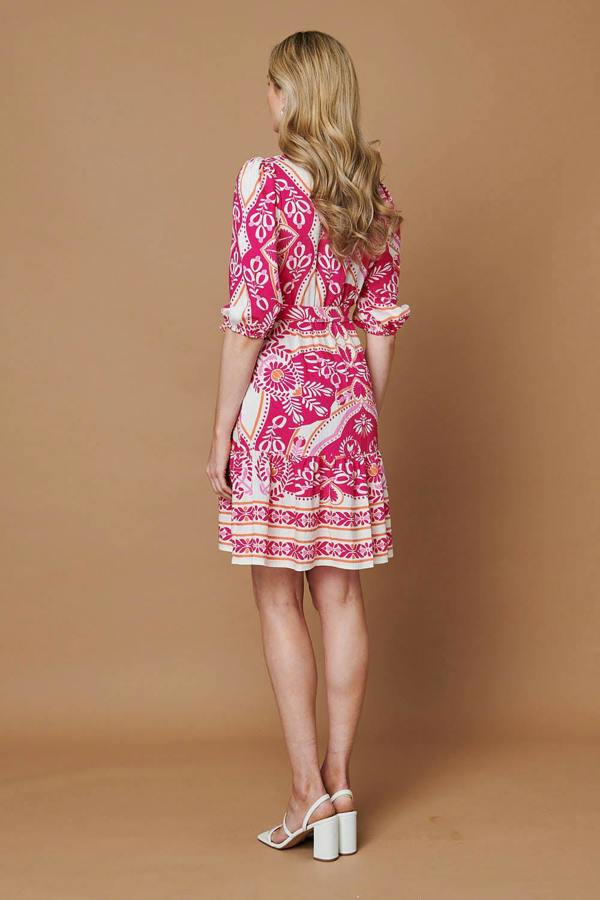 Pink | Printed Tie Waist 3/4 Sleeve Short Dress