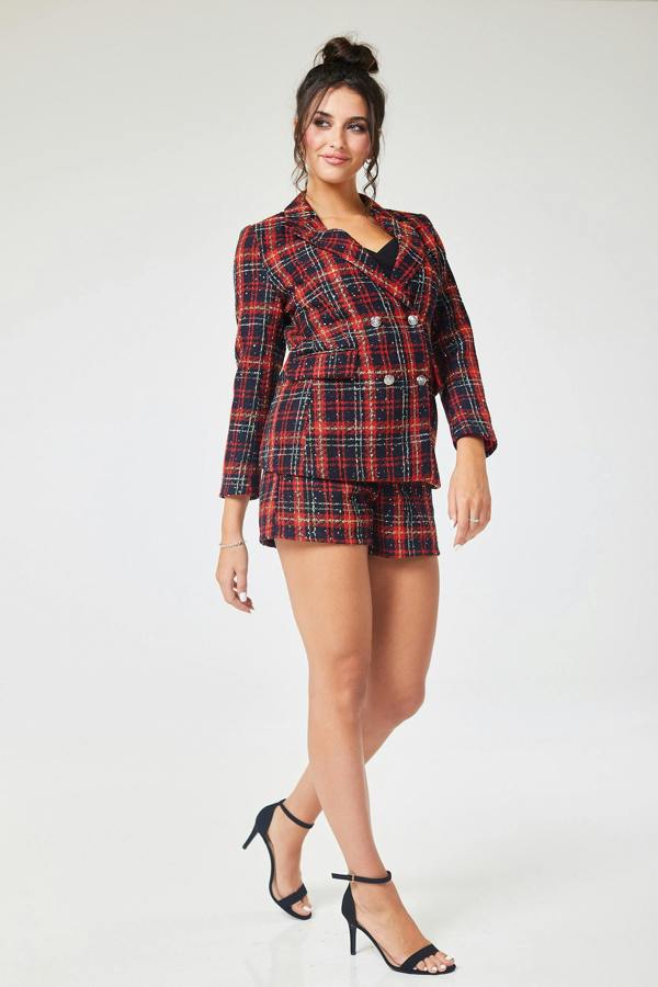 LuvForever Red Check Tweed Short Pant Suit