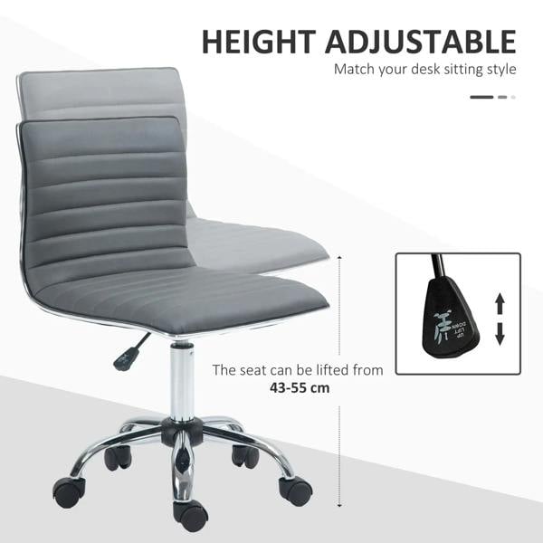 Armless task desk chair, dark grey seat, height-adjustable pedestal, chrome base casters