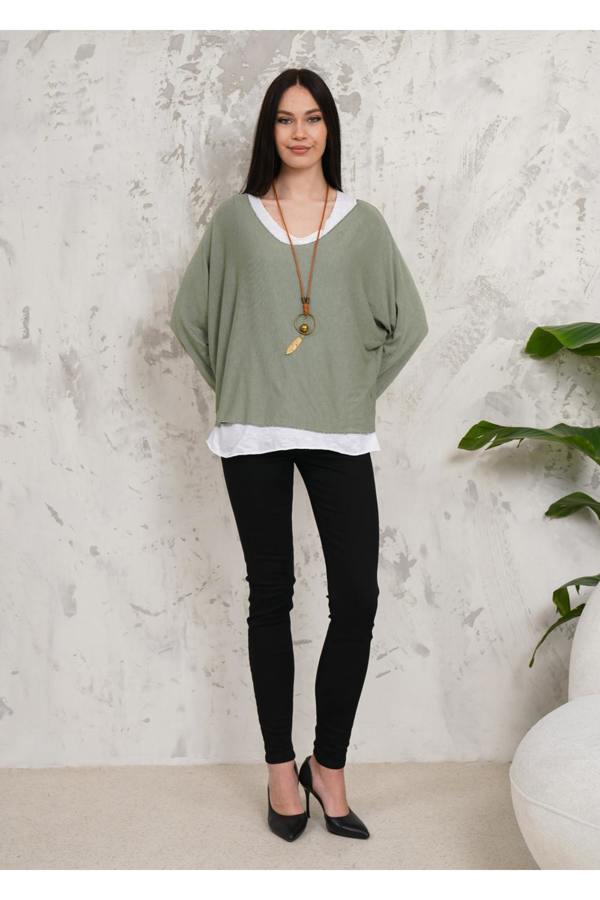 Hoxton Gal Oversized Long Sleeves Double Layered Top in Green