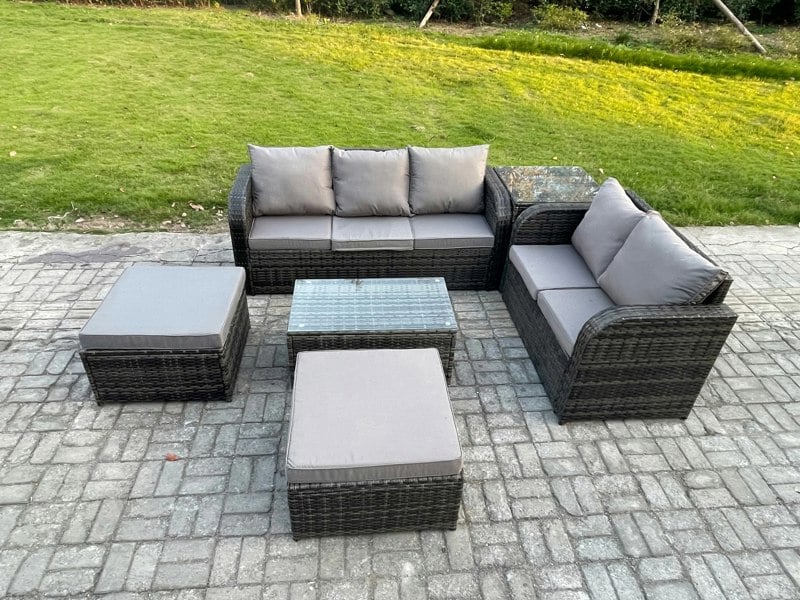 Fimous Wicker PE Rattan Garden Furniture Set 7 Seater Outdoor Lounge Sofa Set with Love Sofa Coffee Table 2 Big Footstool Side Table Dark Grey Mixed