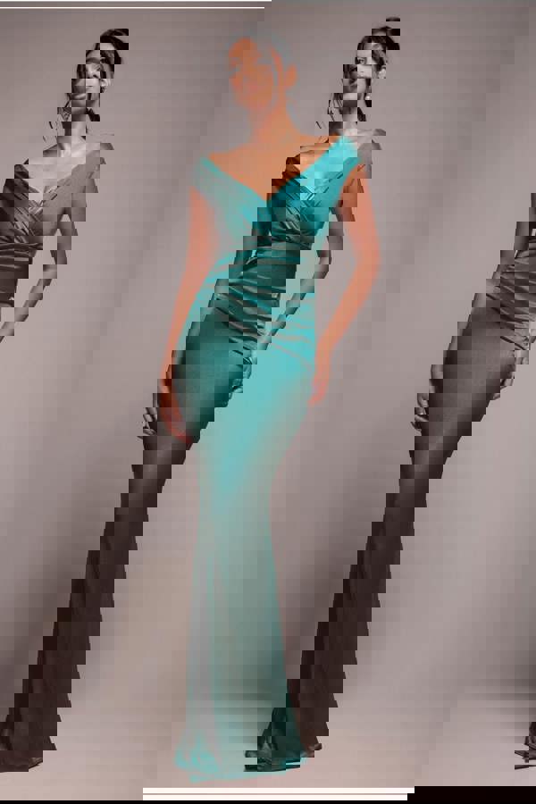 Satin Off The Shoulder Maxi Dress - Emerald Green DR3580