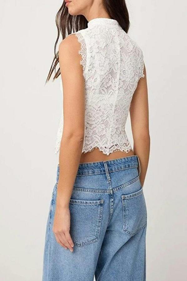 High Neck Sleeveless Guipure Lace Blouse with Brit Detail