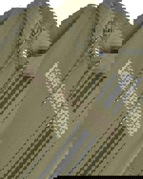 Lambretta Stripe Mens Pull Over Sweatshirt Hooded Hoodie, olive green hoodie with black stripe pattern and Lambretta logo.