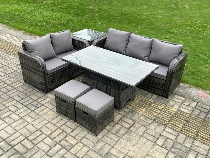 Fimous Outdoor Rattan Garden Furniture Set - Dark Grey Mixed Height Adjustable Rising Lifting Dining Table Lounge Sofa Set
