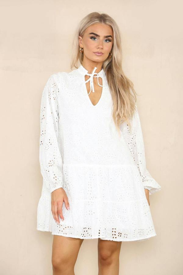 Elaina Fashion Women's White Long Sleeve Floral Flowy Eyelet Embroidery Broderie Swing Mini Smock Dress Pleated Vacation Short Sundress - Elaina Fashion