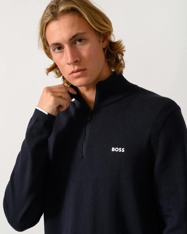 BOSS Green Ever-X Mens Cotton sweater with quarter zip - Dark Blue 402