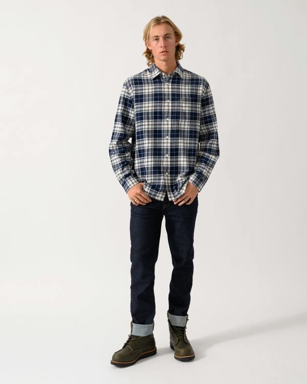full length of a model wearing a Lacoste Casual Flannel Mens Long Sleeve Shirt in Lapland/Navy Blue-Rill DCN0