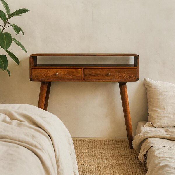 Wyld Haus Ostuni Curved Mango Wood Chestnut Console Table 2 Drawers Open Shelf