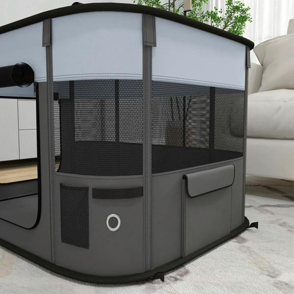 Grey dog playpen side panel with mesh window, zippered door and secure corner seams